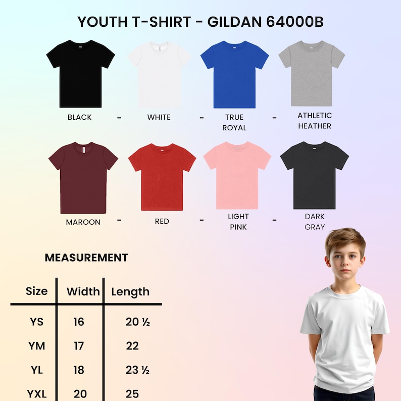 May include: A selection of youth t-shirts in various colors, including black, white, true royal, athletic heather, maroon, red, light pink, and dark gray. The image also displays a measurement chart with sizes and dimensions in inches.