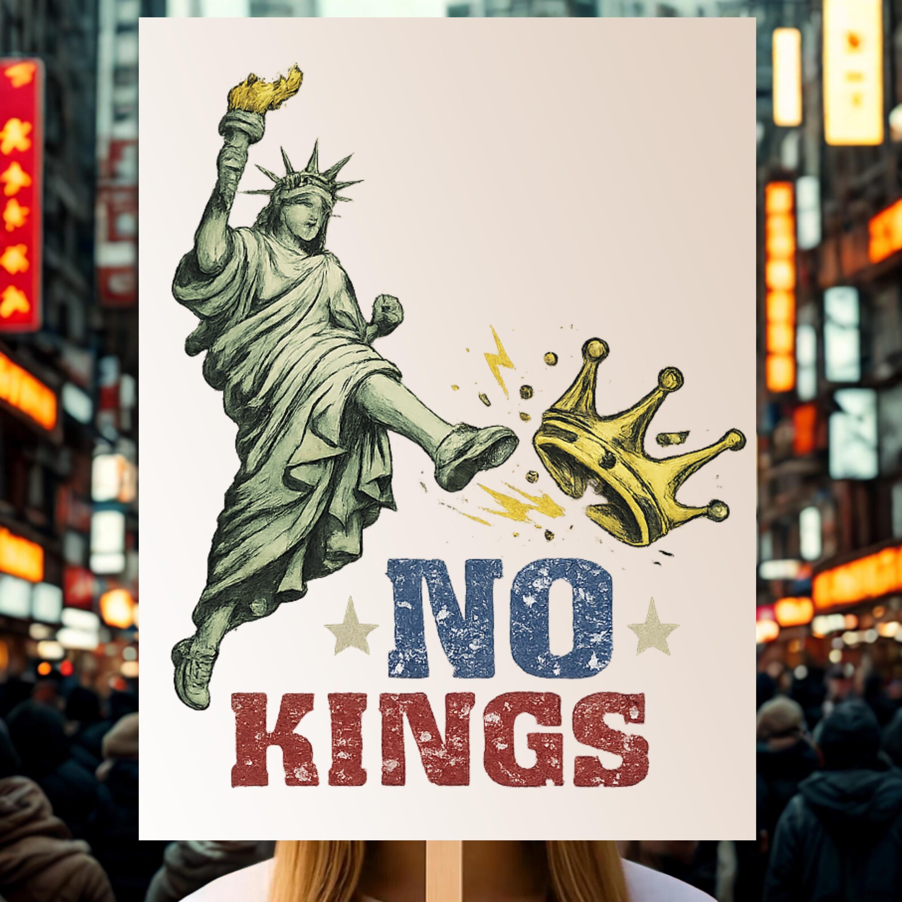 No Kings Protest Sign, Statue of Liberty Kicking Crown Poster ...