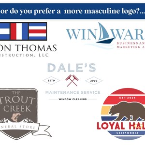 Peut inclure: Plusieurs logos d'entreprises sont pr&eacute;sent&eacute;s, notamment "Jason Thomas Construction, LLC", "Win Ward Business Analytics", "Dale's Maintenance Service", "The Trout Creek General Store" et "Loyal Halos California". Le texte "or do you prefer a more masculine logo?" est en haut.