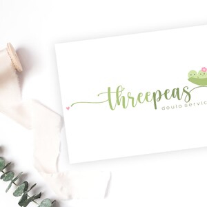 May include: A logo for a doula service called "Three Peas" featuring three green peas with faces in a pea pod with a pink flower. The text "doula services" is below the peas.