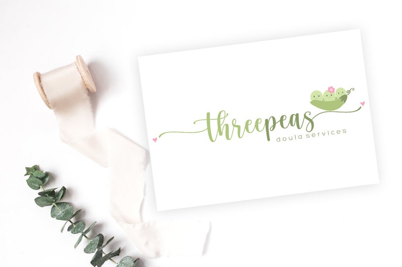 May include: A logo for a doula service called "Three Peas" featuring three green peas with faces in a pea pod with a pink flower. The text "doula services" is below the peas.
