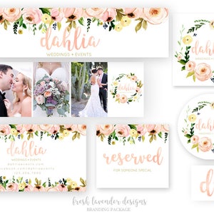 Op de afbeelding: Brandingpakket voor een trouw- en evenementenplanningsbedrijf genaamd "dahlia". Het pakket bevat een logo, visitekaartjes, social media graphics en een gereserveerd bord. Het ontwerp bevat aquarelbloemen in roze, gele en groene tinten.