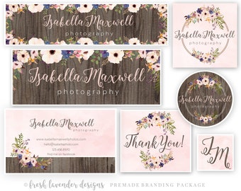 Premade Marketing Package for Photographers & Small Business Logo Biz Card Branding Package Hand Drawn Watercolor Floral Frame+Written Text