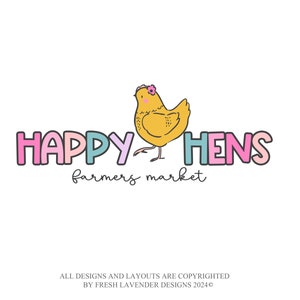 May include: A logo for a farmers market called "Happy Hens" featuring a cartoon yellow chick with a pink flower headband. The text is in pink, blue, and light pink.