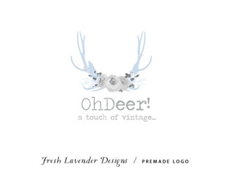 Custom Logo and Watermark Personalized Premade Logo for Photographers and Small Crafty Boutiques Hand Drawn Antler with Flowers Whimsical