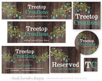 Premade Etsy Banner and Avatar Set for Small Crafty Boutiques Shabby Chic Wood with Whimsical Tree Branches and Mason Jars