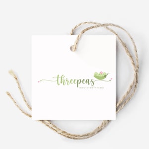 May include: A white square tag with a green peapod logo and the text "threepeas doula services".