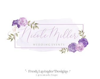 Logo Design, Purple Logo, Watercolor Floral Logo, Custom Logo, Logo Designer, Premade Logo, Photography Logo, Rose Logo, Shabby Chic Logo