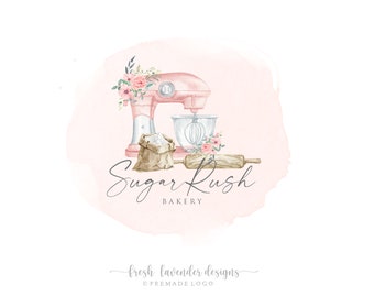 Watercolor Bakery Logo: Custom Mixer, Rolling Pin, Cake Branding