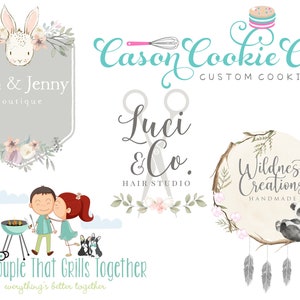 Peut inclure: Plusieurs logos avec des designs vari&eacute;s. Comprend un lapin avec des accents floraux, un logo de boulangerie avec un cupcake, un logo de salon de coiffure, un panda et un couple faisant un barbecue avec le texte "The Couple That Grills Together."