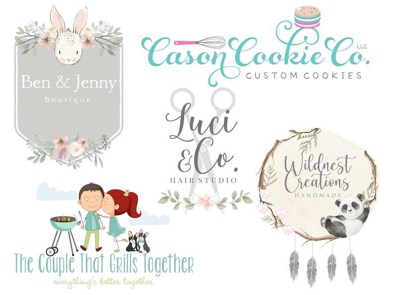 Peut inclure: Plusieurs logos avec des designs vari&eacute;s. Comprend un lapin avec des accents floraux, un logo de boulangerie avec un cupcake, un logo de salon de coiffure, un panda et un couple faisant un barbecue avec le texte "The Couple That Grills Together."