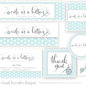May include: Branding package for a business called "Cute as a Button" featuring a logo with a needle and thread, a button, and the text "handmade with love". The package includes a business card, a thank you tag, and a round sticker.
