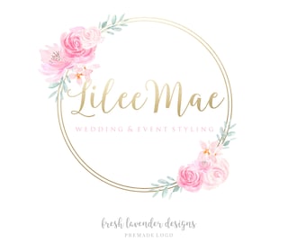 May include: A gold circular frame with a double outline, decorated with watercolor pink flowers and green leaves. The text "Lilee Mae" is written in gold script inside the frame, with the words "Wedding & Event Styling" below. The text "fresh lavender designs" is written in black script below the frame, with the words "PREMADE LOGO" in smaller black text below.