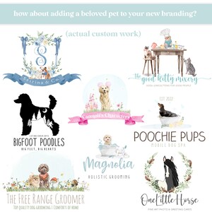 Peut inclure: Plusieurs logos de marque personnalis&eacute;s pour animaux de compagnie. Les logos incluent des illustrations de chiens, de chats et d'un cheval. Le texte comprend "Setrina & Co.", "Bigfoot Poodles", "Cannoli's Characters", "Poochie Pups", "Magnolia", "The Free Range Groomer", et "One Little Horse".