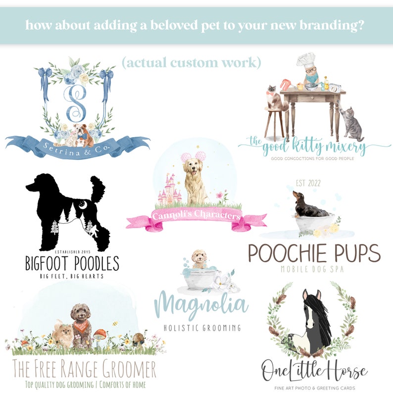 Peut inclure: Plusieurs logos de marque personnalis&eacute;s pour animaux de compagnie. Les logos incluent des illustrations de chiens, de chats et d'un cheval. Le texte comprend "Setrina & Co.", "Bigfoot Poodles", "Cannoli's Characters", "Poochie Pups", "Magnolia", "The Free Range Groomer", et "One Little Horse".