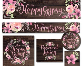 Conjunto de banner Etsy, conjunto Etsy pré-fabricado, loja Etsy em aquarela floral, conjunto de loja Etsy, banner Etsy, banner Shiplap Etsy, gráficos florais da loja Etsy