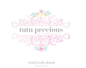 May include: A pink and white logo design with a decorative floral border and the text "tutu precious for your little princess" in gray. The logo also includes the text "fresh lavender designs PREMADE LOGO" in gray.