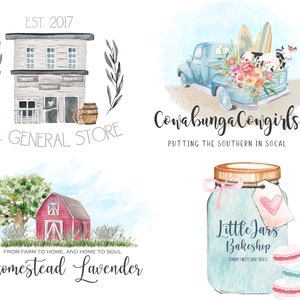 Peut inclure: Illustrations &agrave; l'aquarelle de logos d'entreprises. Comprend une &eacute;picerie, un camion bleu avec une vache et des planches de surf, une grange rouge et un bocal avec des macarons. Le texte comprend les noms et slogans des entreprises.