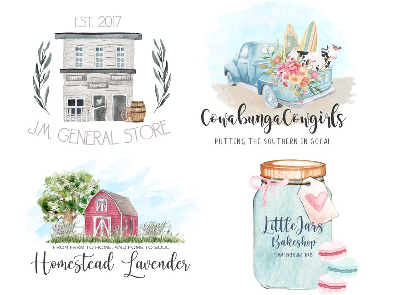 Peut inclure: Illustrations &agrave; l'aquarelle de logos d'entreprises. Comprend une &eacute;picerie, un camion bleu avec une vache et des planches de surf, une grange rouge et un bocal avec des macarons. Le texte comprend les noms et slogans des entreprises.