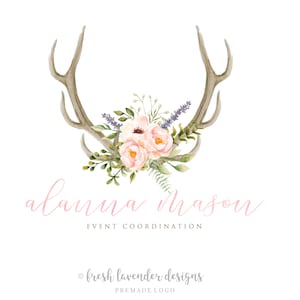 Antler Logo, Custom Logo, Premade Logo, Logo Design, Deer Logo, Doe Logo, Woodland Logo, Photography Logo, Watercolor Logo, Peony Logo
