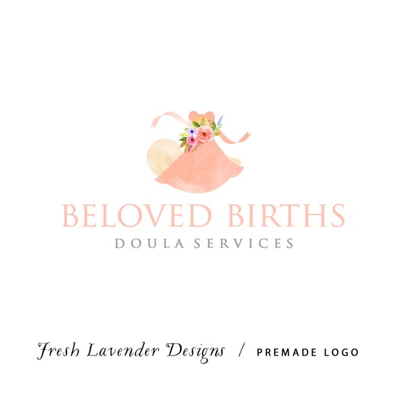 Custom Logo Design Vorgefertigtes Logo und Wasserzeichen für Fotografen und kleine Handwerksbetriebe Aquarell Doula mit Baby & Aquarell Blumen