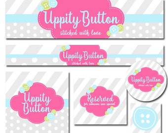 Premade Etsy Banner and Avatar Set for Small Crafty Boutiques and Etsy Shops Polka Dot and Stripe Button Sewing Stitch Whimsical Set