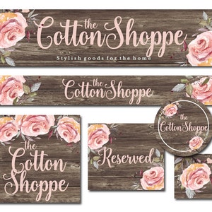 Custom Etsy Shop Set Prefabricado Set de tienda con pegatina y gráficos adicionales Tablón de madera con rosas de acuarela Shabby Chic Vintage