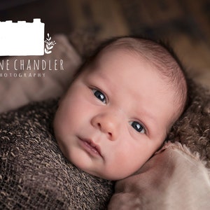May include: A newborn baby wrapped in a brown knitted blanket, looking directly at the camera with big blue eyes.