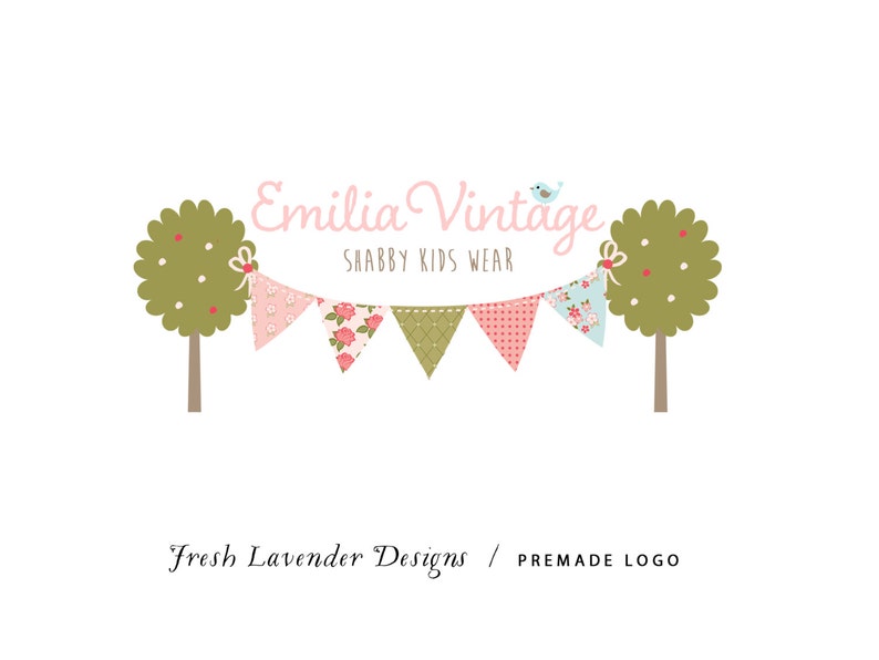 Custom Logo Designer Premade Logo Design and Watermark for Photographers and Small Businesses Shabby Chic VintageTree with Birds & Bunting image 1