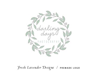 Custom Logo Design Premade Logo and Watermark for Photographers and Small Crafty Businesses Hand Drawn Wreath Aqua Teal Whimsical