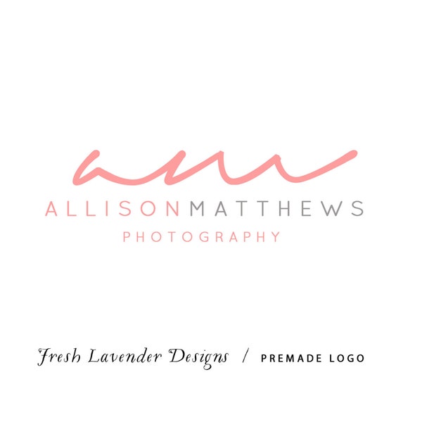 Custom Logo DesignPremade Logo and Watermark for Photographers and Small Businesses Monogram Script Classic Logo Text Only Coral & Grey