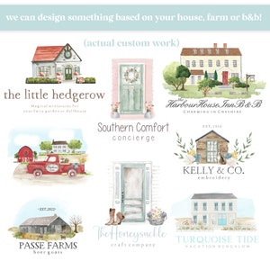 Peut inclure: Illustrations &agrave; l'aquarelle de divers commerces et maisons, dont un camion rouge, une ferme et une porte avec des bottes. Le texte comprend "the little hedgerow", "Southern Comfort", "The Harbour House Inn B&B", "Kelly & Co.", "Passe Farms", "The Honeysuckle", et "Turquoise Tide".