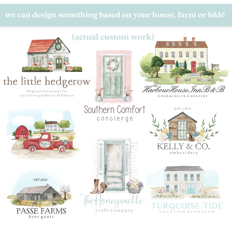 Peut inclure: Illustrations &agrave; l'aquarelle de divers commerces et maisons, dont un camion rouge, une ferme et une porte avec des bottes. Le texte comprend "the little hedgerow", "Southern Comfort", "The Harbour House Inn B&B", "Kelly & Co.", "Passe Farms", "The Honeysuckle", et "Turquoise Tide".