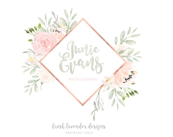May include: A watercolor logo design with a rose floral border and a rose gold diamond frame. The text inside the frame reads "Junie Evans Photography".