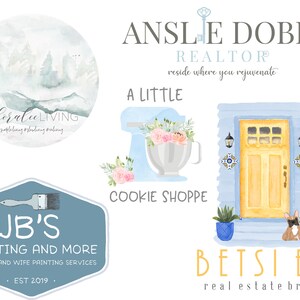 Peut inclure: Plusieurs illustrations &agrave; l'aquarelle de diff&eacute;rentes entreprises, notamment "Floralee Living", "Ansle Dobbs Realtor", "A Little Cookie Shoppe", "JB's Painting and More" et "Betsi Eki real estate broker". L'image pr&eacute;sente une palette de couleurs bleue et blanche.