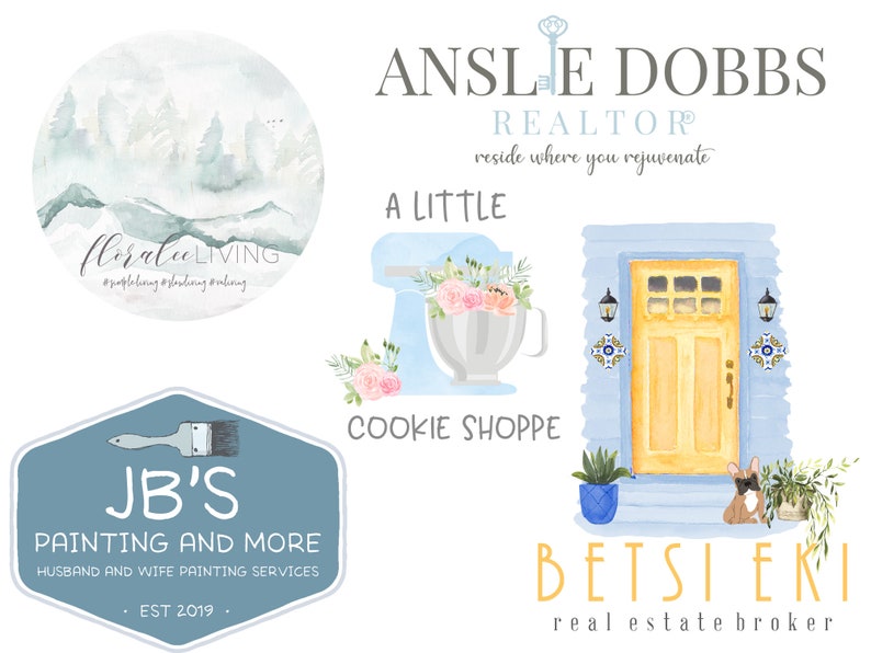 Peut inclure: Plusieurs illustrations &agrave; l'aquarelle de diff&eacute;rentes entreprises, notamment "Floralee Living", "Ansle Dobbs Realtor", "A Little Cookie Shoppe", "JB's Painting and More" et "Betsi Eki real estate broker". L'image pr&eacute;sente une palette de couleurs bleue et blanche.