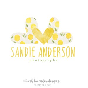 Lemon Logo, Heart Logo, Custom Logo, Logo Design, Premade Logo, Yellow Logo, Photography Logo, Watercolor Floral Logo, Floral Logo