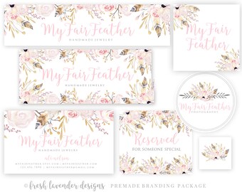 Pacote de marca, pacote de marca floral, pacote de logotipo, conjunto Etsy, gráficos da loja Etsy, conjunto de marketing, pena aquarela, pacote de logotipo