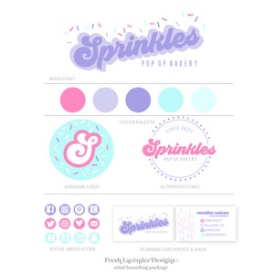 May include: A branding package for a bakery called "Sprinkles Pop Up Bakery". The logo features the word "Sprinkles" in a purple and pink font with a pink and blue color palette. The logo is surrounded by colorful sprinkles. The package includes a main logo, submark logo, alternate logo, social media icons, and a business card design.