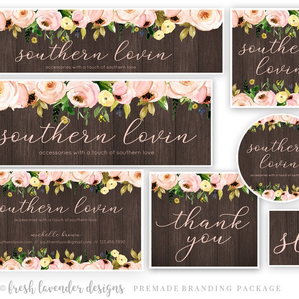 Branding Package, Premade Brand Package, Shabby Chic Marketing Package, Southern Branding, Logo Design Kit, Custom Branding, Watercolor Logo