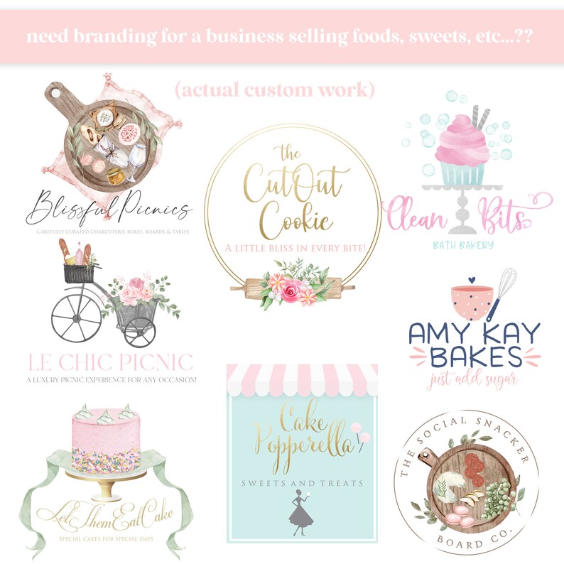 Peut inclure: Plusieurs logos aquarelles pour entreprises alimentaires. Les logos incluent du texte tel que "Blissful Picnics", "The Cut Out Cookie", "Clean Bits", "Amy Kay Bakes", "Le Chic Picnic", "Let Them Eat Cake", "Cake Popperella" et "The Social Snacker Board Co."