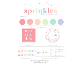 Custom Branding, Sprinkle Branding Kit, Rainbow Logo, Text Logo, Vintage Brand Design, Bakery Modern Shop Logo, Vintage Branding