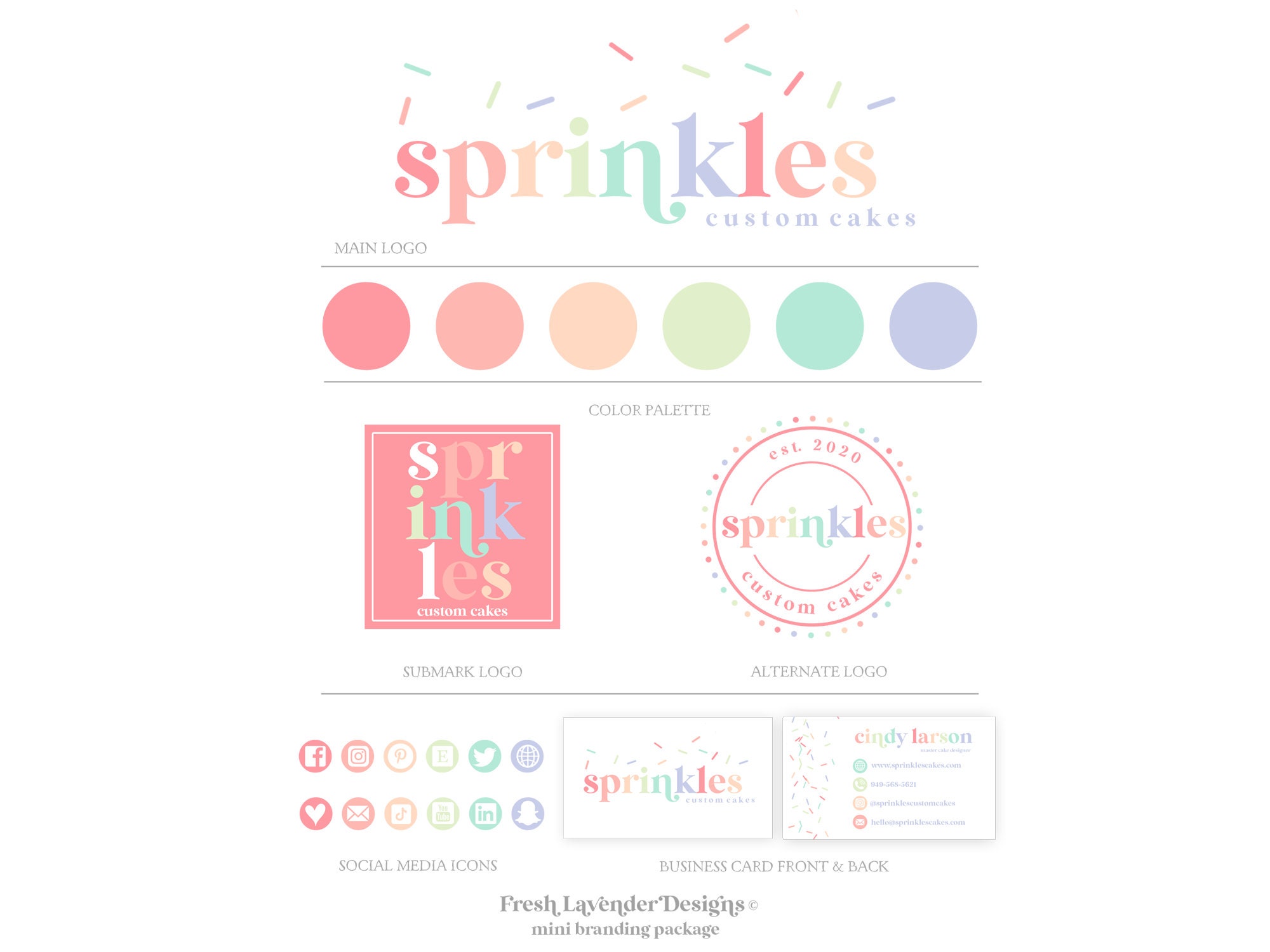 Marca personalizada, kit de marca Sprinkle, logotipo de arco iris, logotipo de texto, diseño de marca vintage, logotipo de tienda moderna de panadería, marca vintage