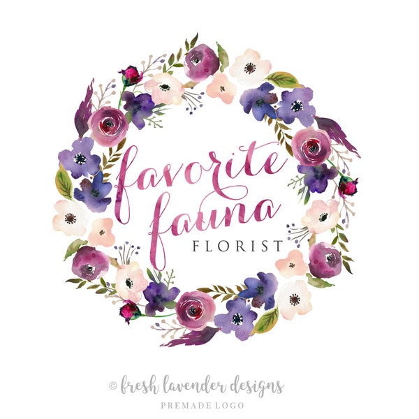 Floral Wreath Logo, Custom Logo, Premade Logo, Logo Design, Watercolor Floral Logo, Florist Logo, Photography Logo, Purple Floral, Branding