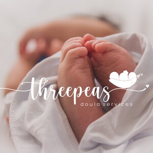 May include: A close-up of a newborn baby's feet wrapped in a white blanket. The baby's feet are crossed and the toes are curled. The image includes the text "threepea's doula services" and a logo of three peas in a pod.
