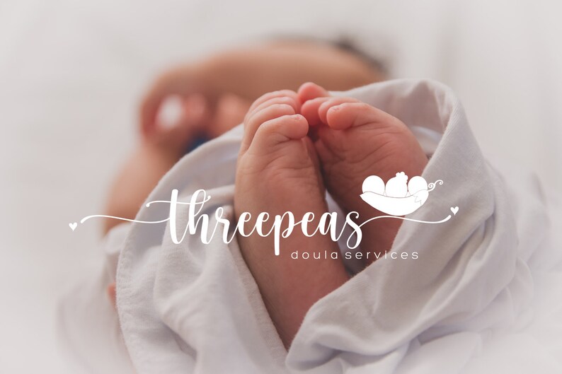 May include: A close-up of a newborn baby's feet wrapped in a white blanket. The baby's feet are crossed and the toes are curled. The image includes the text "threepea's doula services" and a logo of three peas in a pod.
