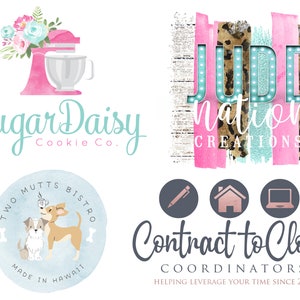 Peut inclure: Plusieurs logos sont pr&eacute;sent&eacute;s. On peut voir "Sugar Daisy Cookie Co." avec un robot culinaire rose et des fleurs, "Judd Nation Creations" avec des lettres lumineuses, "Two Mutts Bistro" et "Contract to Close" avec des ic&ocirc;nes.