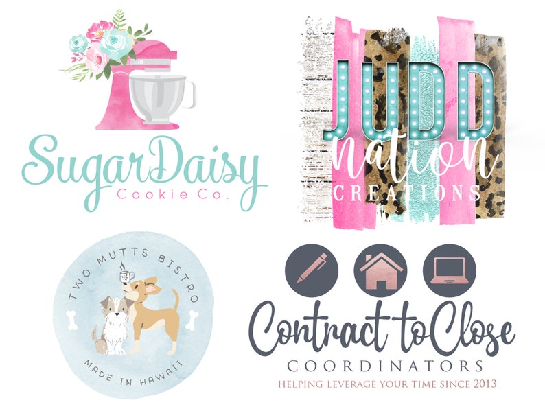Peut inclure: Plusieurs logos sont pr&eacute;sent&eacute;s. On peut voir "Sugar Daisy Cookie Co." avec un robot culinaire rose et des fleurs, "Judd Nation Creations" avec des lettres lumineuses, "Two Mutts Bistro" et "Contract to Close" avec des ic&ocirc;nes.