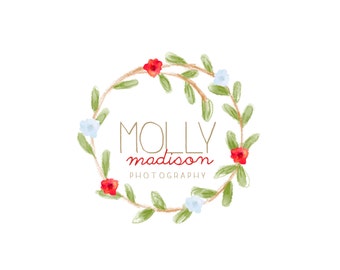 Custom Logo Design and Premade Logo with Watermark for Photographers and Small Businesses Vintage Watercolor Floral Wreath Whimsical Laurel