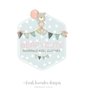 Premade Logo, Bear Logo, Party Logo, Custom Logo, Logo Designer, Children&#39;s Logo, Hand Drawn Logo, Logo with Balloon, Whimsical Logo,Bunting
